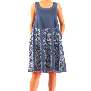 eShakti Floral Vine Embroidery Sleeveless Chambray Voile Shift Dress Size XS